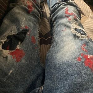 Blue pants jeans red white dots